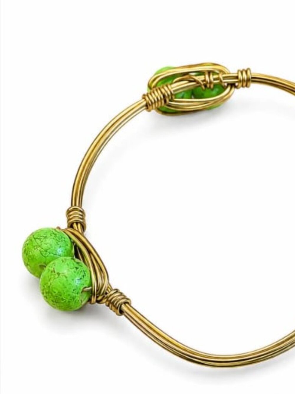 💖 Artisan Wrapped Gold Wire Open Bangle Textured Green Beads #143
